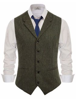 Men's Slim Fit Herringbone Tweed Suits Vest Wool Blend Waistcoat