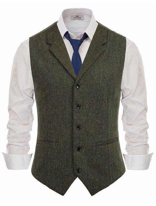 PJ PAUL JONES Men's Slim Fit Herringbone Tweed Suits Vest Wool Blend Waistcoat
