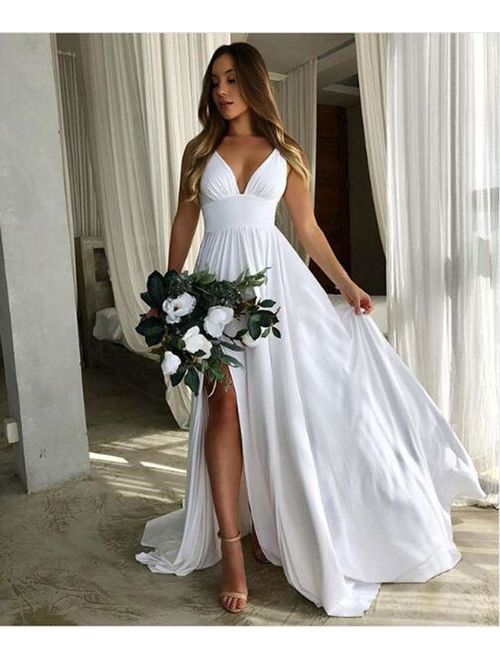 Bridesmaid Dresses Long V Neck Backless Split Prom Formal Evening Gowns for Women