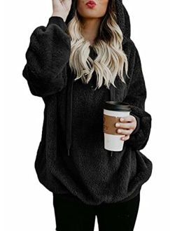 Womens Fuzzy Casual Loose Sweatshirt Hooded with Pockets Outwear S-XXL