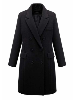 Women's Basic Designed Notch Lapel Double Breasted Mid-Long Wool Pea Coat