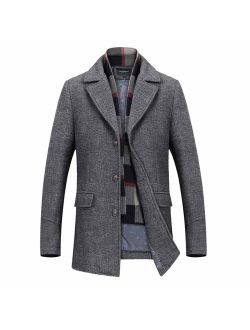 INVACHI Men's Slim Fit Winter Warm Short Wool Blend Coat Business Jacket with Free Detachable Soft Touch Wool Scarf