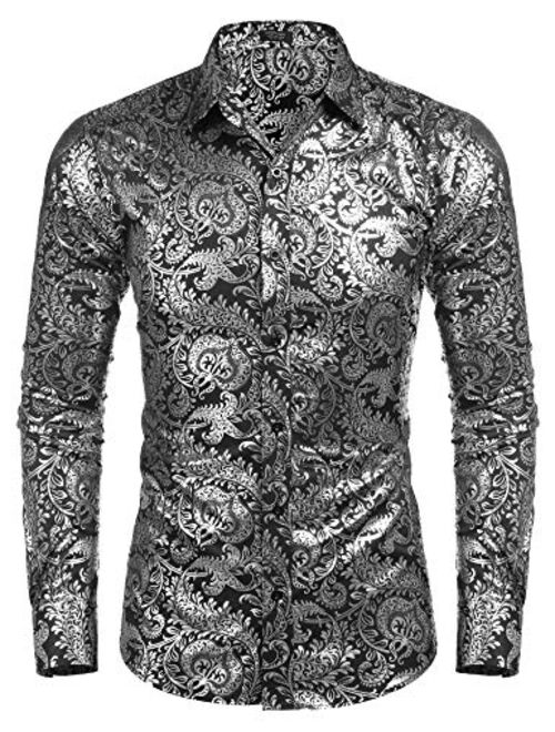 COOFANDY Men's Luxury Design Shirts Floral Dress Shirt Casual Button Down Silk Shirts