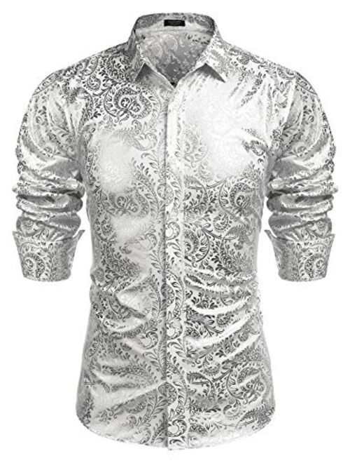 COOFANDY Men's Luxury Dress Shirts Stylish Flower Print Shirt Shiny Button Down Shirt