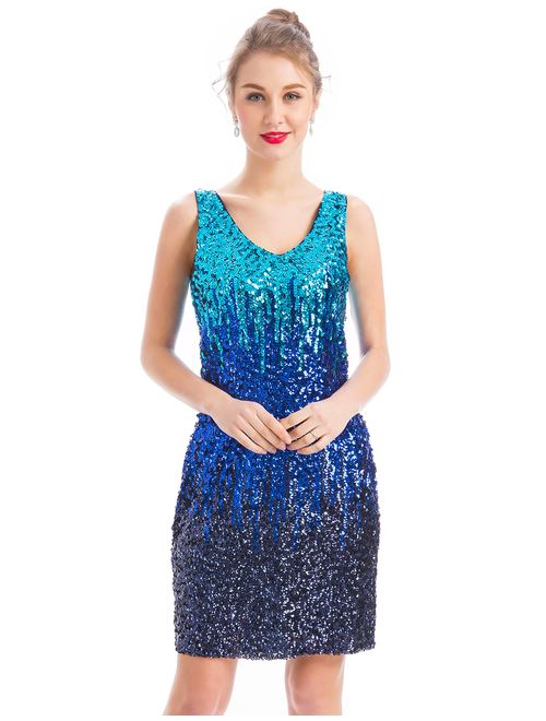 MANER Women's Sexy V Neck Sequin Glitter Bodycon Stretchy Embellished Club Mini Party Dress