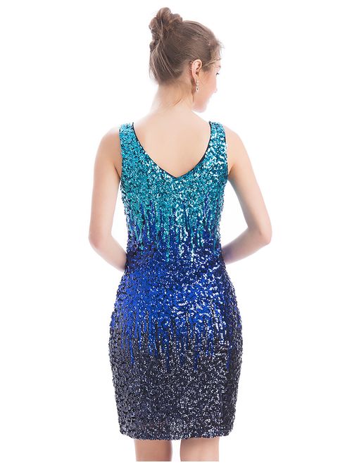 MANER Women's Sexy V Neck Sequin Glitter Bodycon Stretchy Embellished Club Mini Party Dress