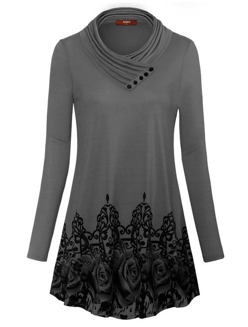 Gaharu Women's Long Sleeve Button Cowl Neck Floral Printed Casual Tunic Tops