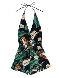 Women's Sexy Halter V Neck Backless Floral Print Short Romper Jumpsuit
