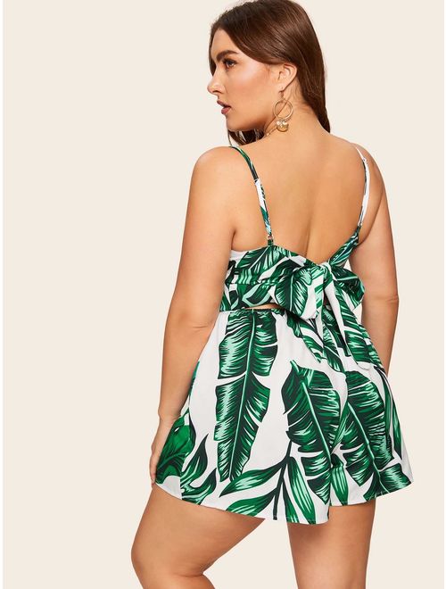 MAKEMECHIC Women's Summer Plus Strap Knot Back Tropical Print Elastic Waist Casual Loose Romper Jumpsuit