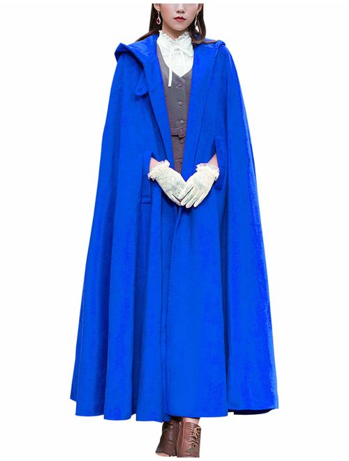 Gihuo Women's Wool Blend Hooded Cape Poncho Maxi Cloak Coat