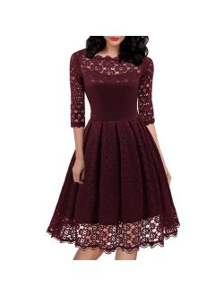 Women's 1950s Vintage Floral Lace Half Sleeve Formal Cocktail Party Casual Swing Dress 595