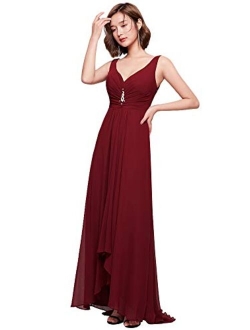 Double V-Neck Rhinestones Ruched Bust Hi-Lo Evening Party Dress 09983
