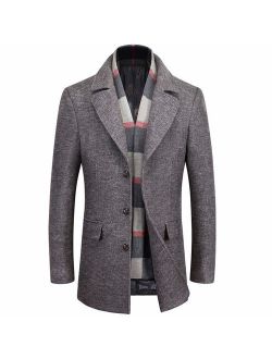 WULFUL Men's Wool Trench Coat Winter Slim Fit Pea Coat with Free Removable Plaid Scarf