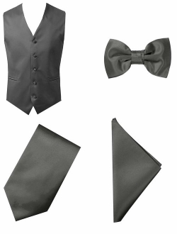 4pc Solid Vest Set, Necktie, Bow-Tie, Handkerchief Set