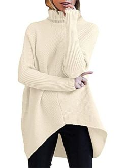 Womens Turtleneck Long Batwing Sleeve Asymmetric Hem Casual Pullover Sweater Knit Tops