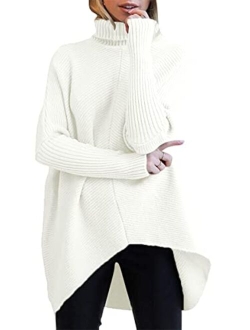 Womens Turtleneck Long Batwing Sleeve Asymmetric Hem Casual Pullover Sweater Knit Tops