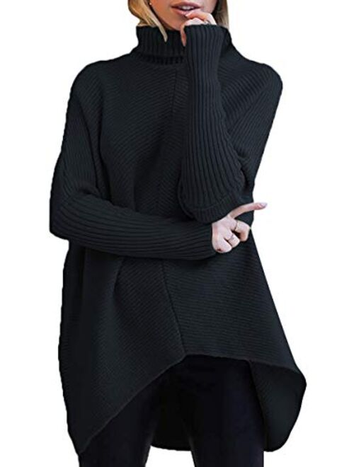 ANRABESS Womens Turtleneck Long Batwing Sleeve Asymmetric Hem Casual Pullover Sweater Knit Tops