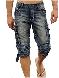 Idopy Men`s Cargo Denim Biker Jeans Shorts with Zippers