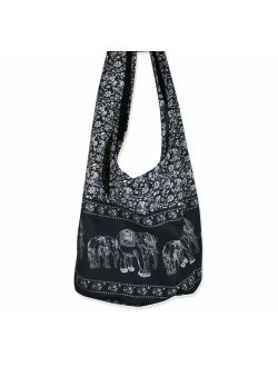 Thai Hippie Bag Elephant Sling Crossbody Bag Purse Thai Top Zip Handmade Black