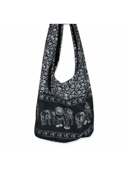 Thai Hippie Bag Elephant Sling Crossbody Bag Purse Thai Top Zip Handmade Black