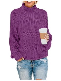 Women's 2023 Turtleneck Batwing Sleeve Loose Oversized Chunky Knitted Pullover Sweater Jumper Tops