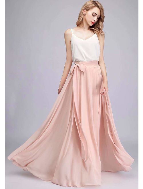 honey qiao Chiffon Maxi Skirt Bridesmaid Dresses Long High Waist Floor Ankle Length Elastic Women Dresses with Belt