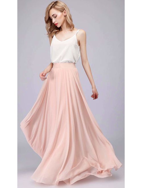 honey qiao Chiffon Maxi Skirt Bridesmaid Dresses Long High Waist Floor Ankle Length Elastic Women Dresses with Belt