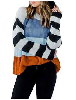 Women's Long Sleeve Crew Neck Striped Color Block Casual Loose Knitted Pullover Sweater Tops