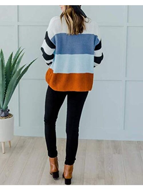 ZESICA Womens Long Sleeve Rainbow Striped Color Block Knitted Casual Loose Oversized Pullover Sweater Shirt Tops