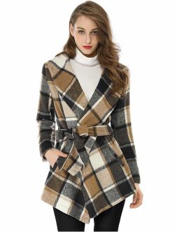 Women's Turn Down Collar Asymmetric Hem Thin Plaids Wrap Coat