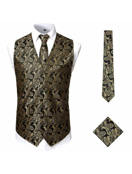 ZEROYAA Men's 3pc Paisley Jacquard Vest Set Necktie Pocket Square Set for Suit or Tuxedo