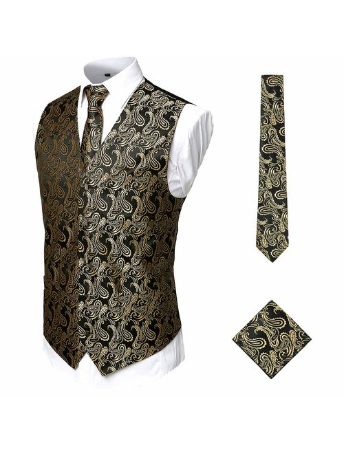 ZEROYAA Men's 3pc Paisley Jacquard Vest Set Necktie Pocket Square Set for Suit or Tuxedo
