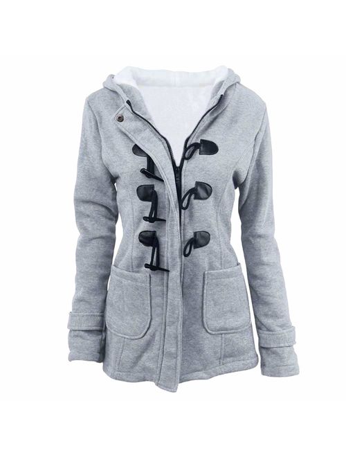 Womens Pea Coats Winter Outdoor Warm Wool Blended Classic Hoodies Jackets Casual Zip Up Button Long Outwears