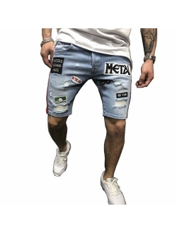 QINGYU Jean Shorts for Men,Summer Fashion Ripped Denim Shorts Blue Distressed Jeans with Hole