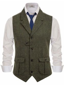 Men's Herringbone Tailored Collar Waistcoat Wool Tweed Suit Vest with Flap Pockets