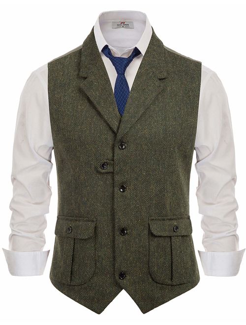 PJ PAUL JONES Men's Herringbone Tailored Collar Waistcoat Wool Tweed Suit Vest with Flap Pockets