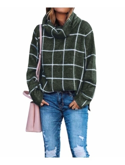 KIRUNDO 2019 Winter Women's Turtleneck Knit Sweater Long Sleeves Pullover Plaid Side Split Checked Outwear Loose Fit Tops