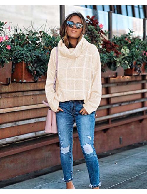 KIRUNDO 2019 Winter Women's Turtleneck Knit Sweater Long Sleeves Pullover Plaid Side Split Checked Outwear Loose Fit Tops
