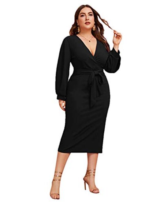 Buy Verdusa Women's Surplice Wrap Bishop Sleeve Belted Bodycon Pencil Dress  online | Topofstyle