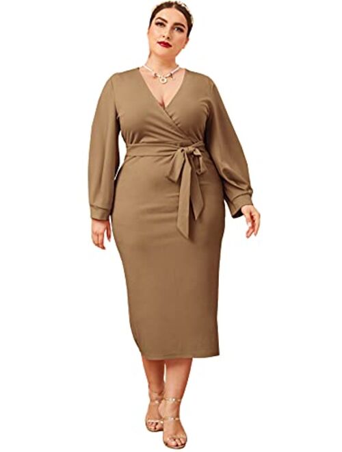 Verdusa Womens Plus Size Bishop Sleeve Plunging V Neck Belted Bodycon Dress 