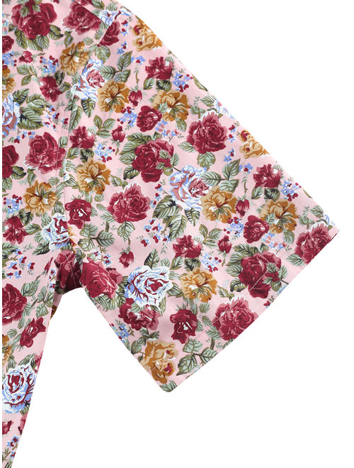 Men Floral Print Slim Fit Short Sleeve Button Down Beach Hawaiian Shirt Pink Flower S