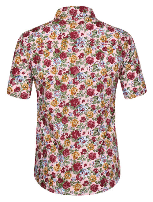 Men Floral Print Slim Fit Short Sleeve Button Down Beach Hawaiian Shirt Pink Flower S