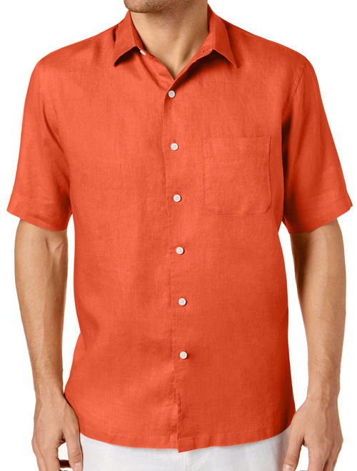 Tasso Elba Men's Linen Camp Pocket Shirt (Large, Deep Sea Coral)