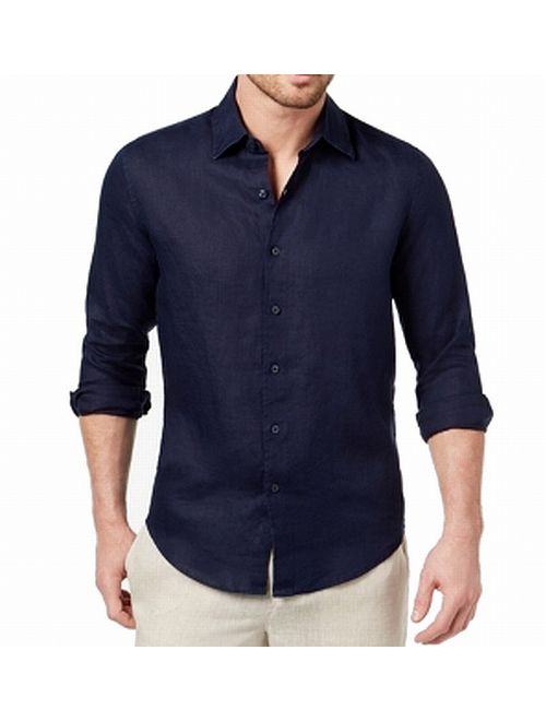 Tasso Elba NEW Blue Navy Mens Size Large L Linen Button Down Shirt