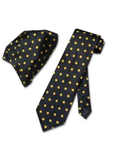 Black w/ Yellow Polka Dots Skinny Neck Tie Handkerchief Matching Tie Set