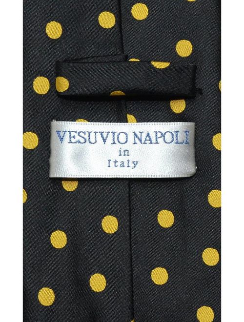 Vesuvio Napoli Black w/ Yellow Polka Dots Skinny Neck Tie Handkerchief Matching Tie Set