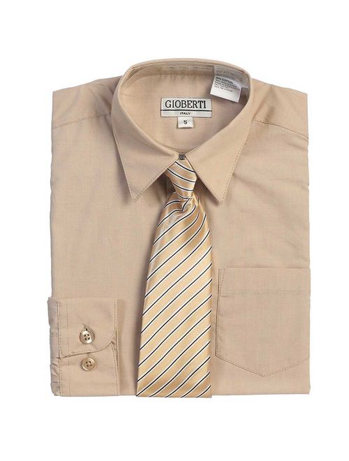 Khaki Tan Button Up Dress Shirt Pinstriped Tie Set Boys 5-18