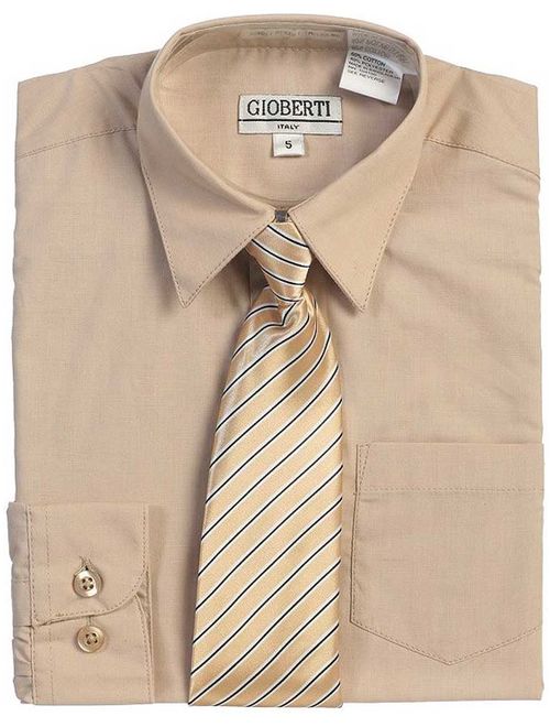 Khaki Tan Button Up Dress Shirt Pinstriped Tie Set Boys 5-18