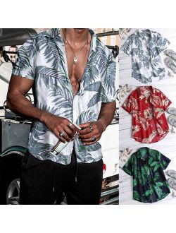 Mens Beach Hawaiian Shirts Cotton Floral Mens Printed Hawaiian Loose Beachwear Short Sleeve Casual Buttons Shirt Gray Size 3XL