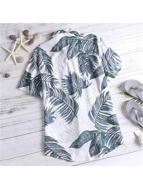 Hirigin Mens Beach Hawaiian Shirts Cotton Floral Mens Printed Hawaiian Loose Beachwear Short Sleeve Casual Buttons Shirt Gray Size 3XL